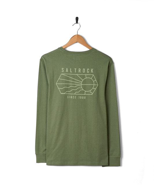 A Vantage Outline - Mens Long Sleeve T-Shirt in green, featuring the word "Saltrock" printed on the front.