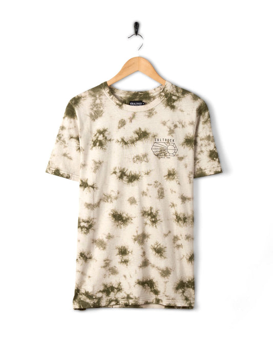 A Saltrock Vantage Outline - Mens Tie Dye T-Shirt in Green camouflage pattern hanging against a white background.