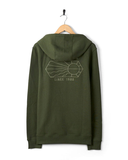 Green Vantage Outline - Mens Zip Hoodie - Dark Green with graphic design and Saltrock branding, hanging on a wooden hanger against a white background.