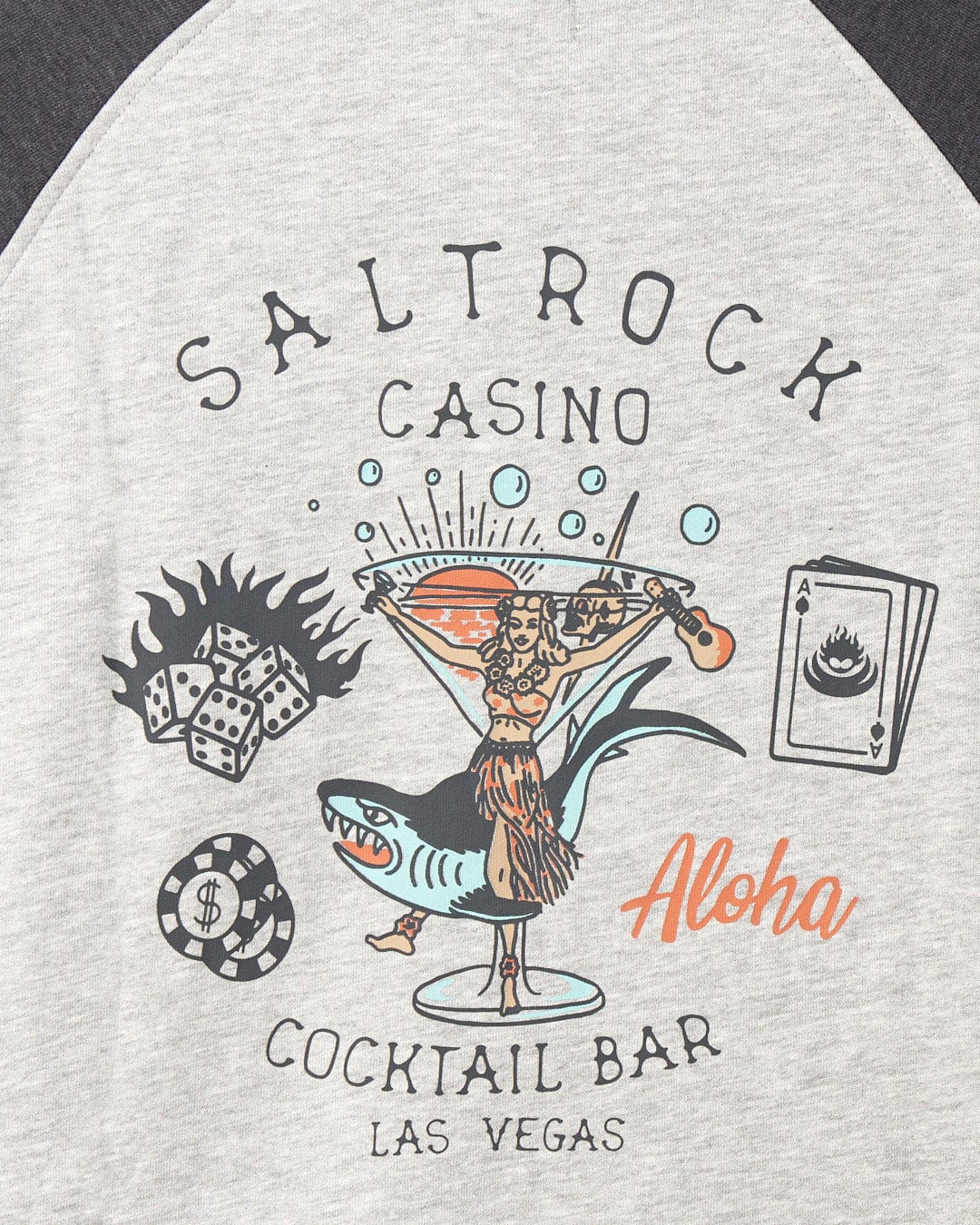 Graphic print of a tropical-themed casino and cocktail bar on Marl effect fabric with gambling elements on the Saltrock Vegas Cocktail - Mens Raglan Zip Hoodie - Grey.