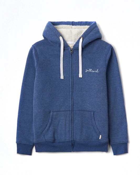 Velator - Womens Lined Hoodie - Blue with a Borg-lined hood and embroidered script logo on the left chest, displayed on a plain background by Saltrock.