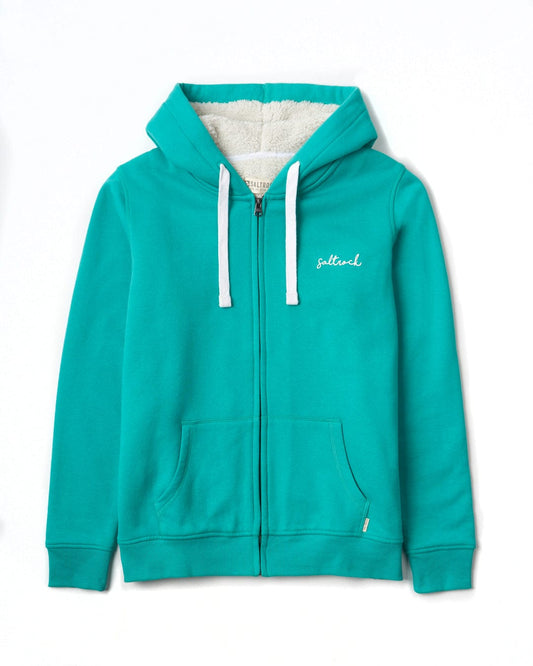 A Velator - Womens Fur Lined Hoodie - Turquoise with a white logo on it, featuring Saltrock branding.