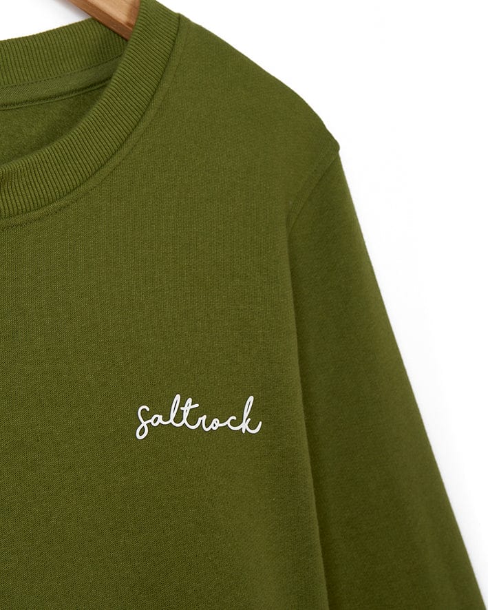 A Velator - Womens Long Sleeve Sweat - Dark Green sweatshirt with the word Saltrock on it.