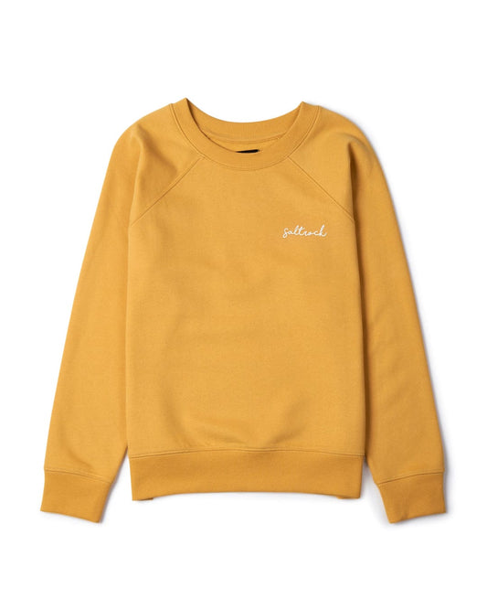 Plain mustard yellow Velator sweatshirt made of peached soft material, with "selected" embroidered on the chest, displayed on a white background by Saltrock.