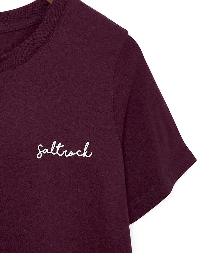 A Velator - Womens Short Sleeve T-Shirt - Dark Purple with the brand name Saltrock embroidered on it.