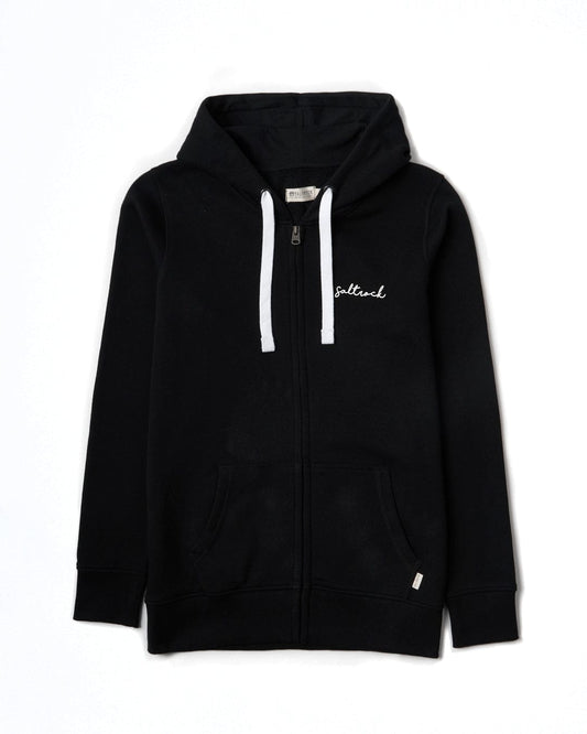 The Saltrock Velator - Womens Zip Hoodie - Black features the Saltrock branding, with the iconic white logo on a black background.