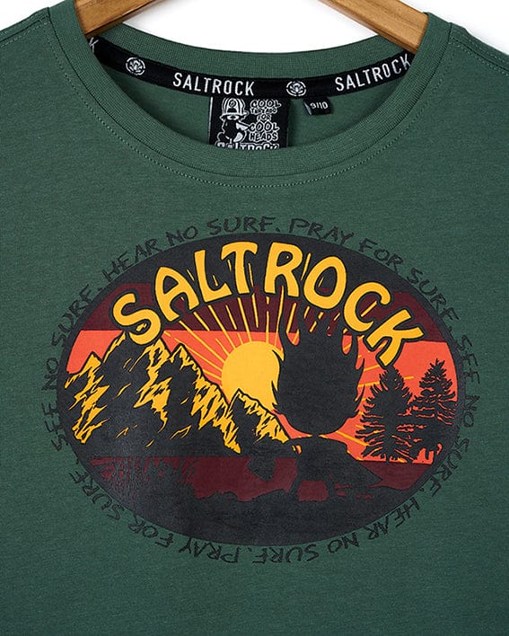 A View Point - Kids Short Sleeve T-Shirt - Dark Green with the brand name Saltrock on it.