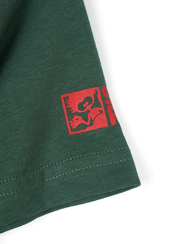 A 100% cotton Saltrock View Point - Kids Short Sleeve T-Shirt - Dark Green with a red logo on it.