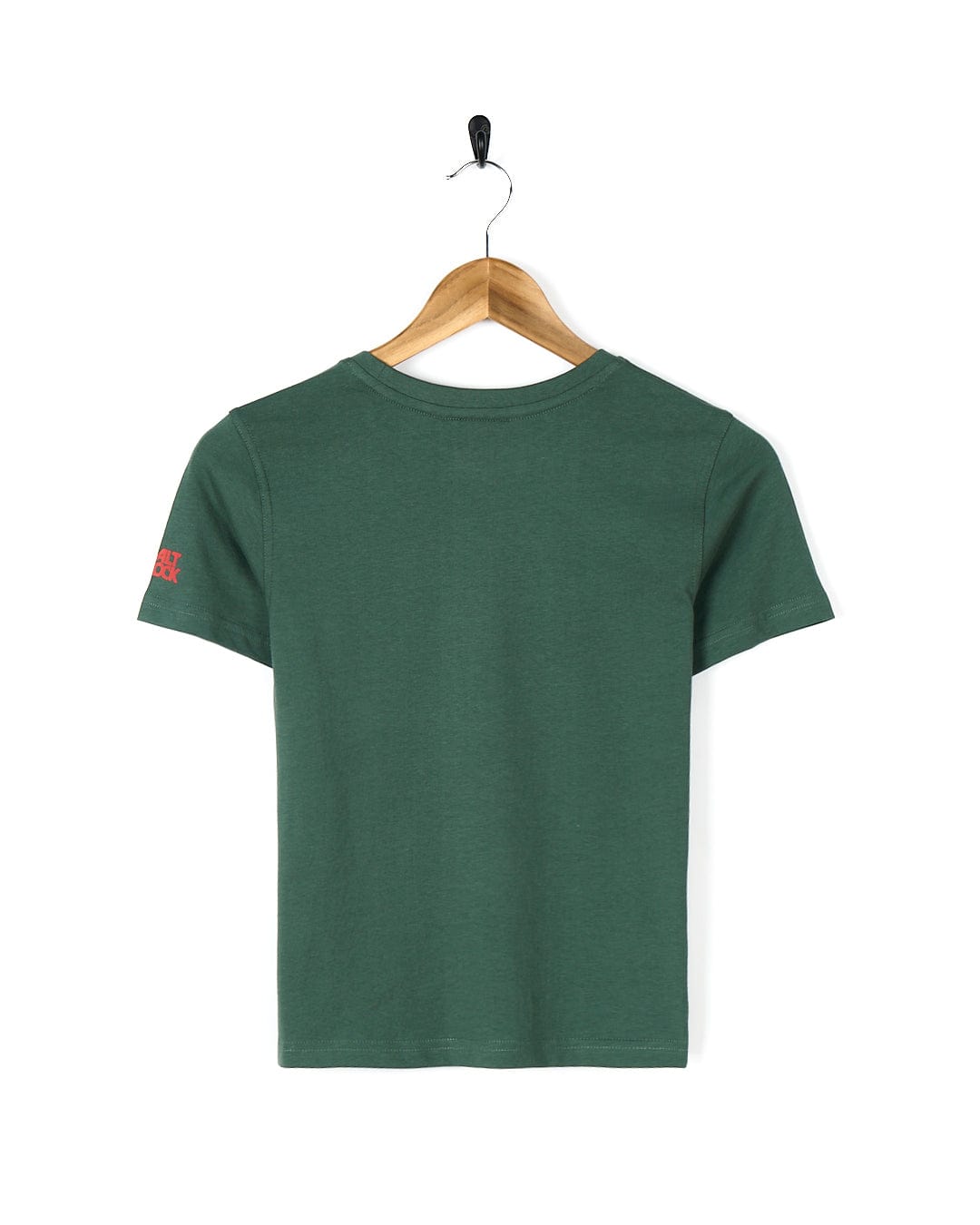 A 100% cotton Saltrock View Point - Kids Short Sleeve T-Shirt - Dark Green hanging on a wooden hanger.