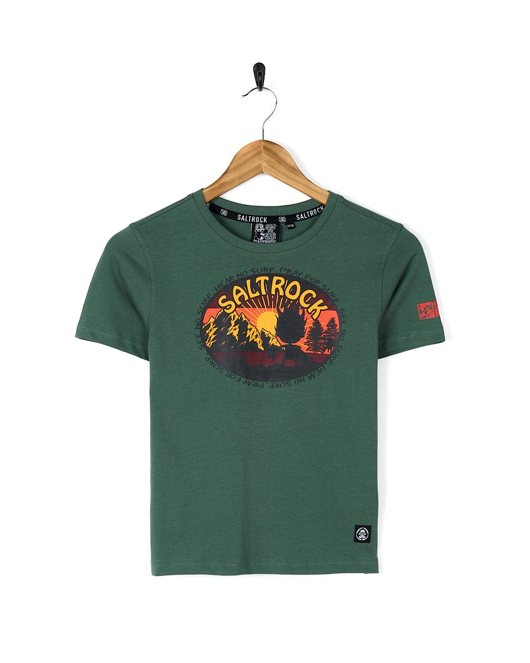 A 100% cotton Saltrock View Point - Kids Short Sleeve T-Shirt - Dark Green with a mountain scene.