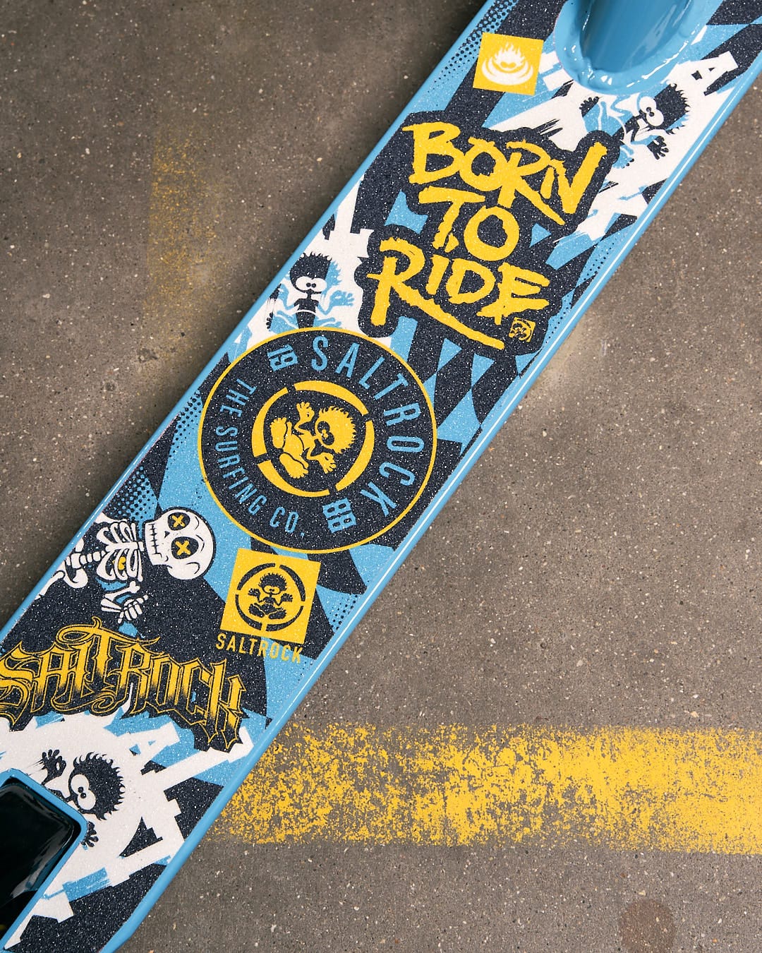 A Warped - Stunt Scooter - Blue with the words born to ride on it, made by Saltrock.