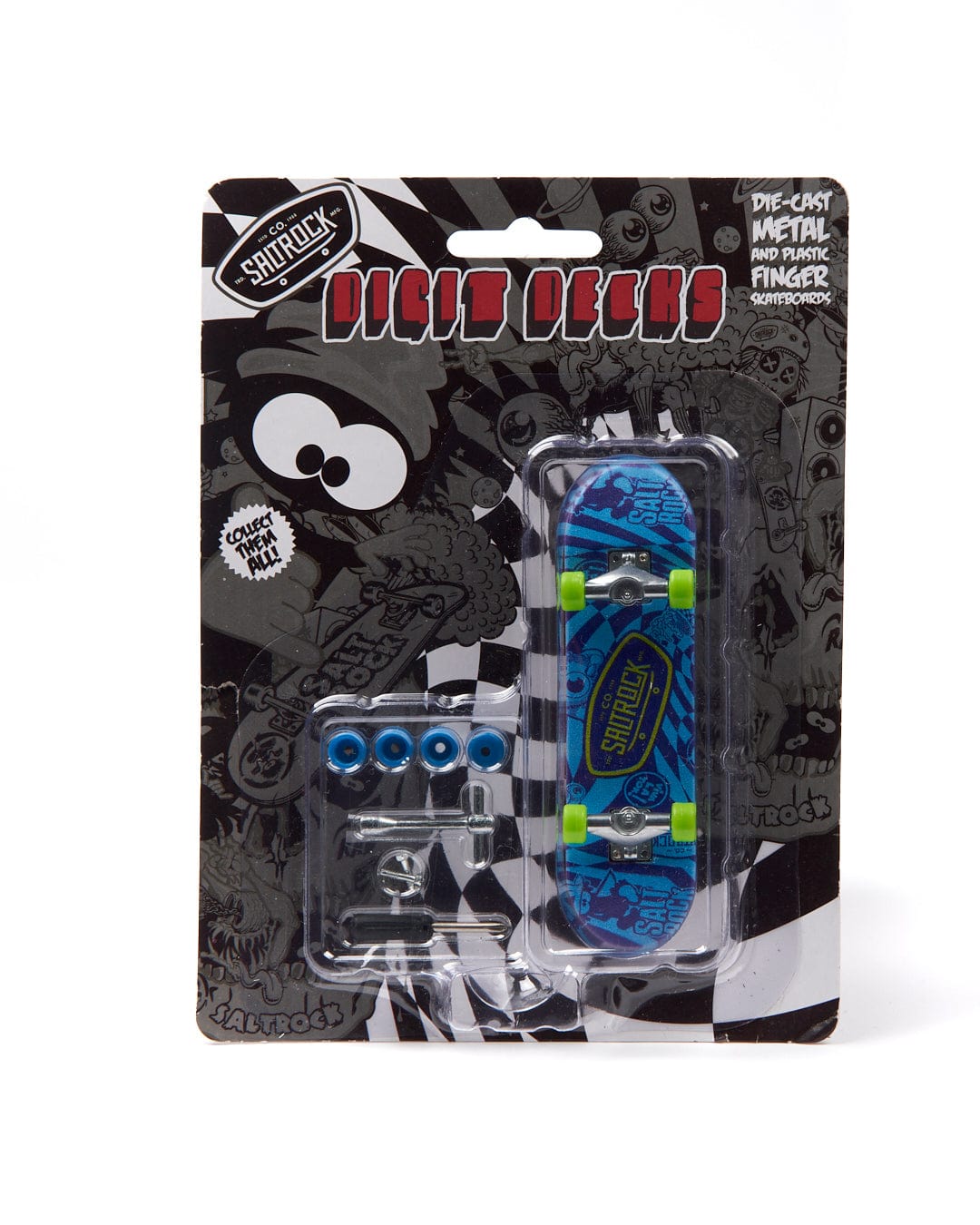 A Saltrock Warp Icon - Digit Decks - Blue finger skateboard set in a package with extra wheels.