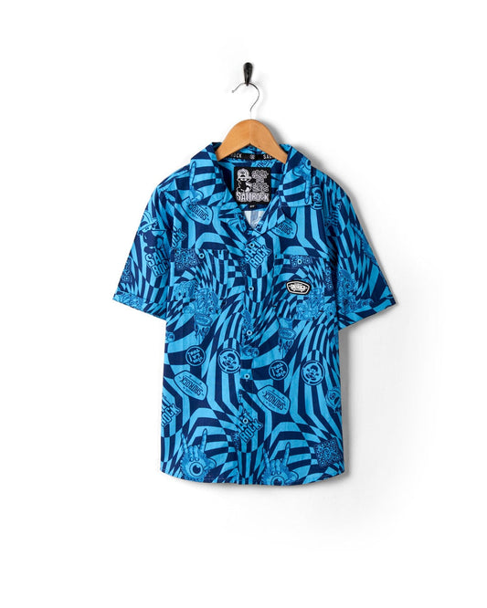 A blue Saltrock Warp Icon - Kids Short Sleeve Shirt with geometric print.