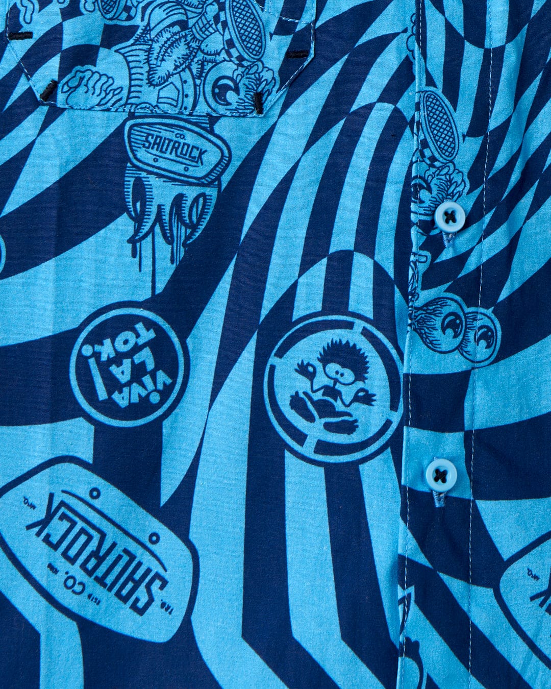 A blue Saltrock Warp Icon - Kids Short Sleeve Shirt with various geometric print designs on it.