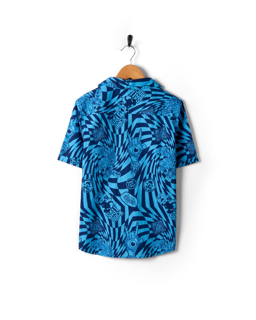 A Saltrock blue Hawaiian shirt with a geometric print, hanging on a wooden hanger.