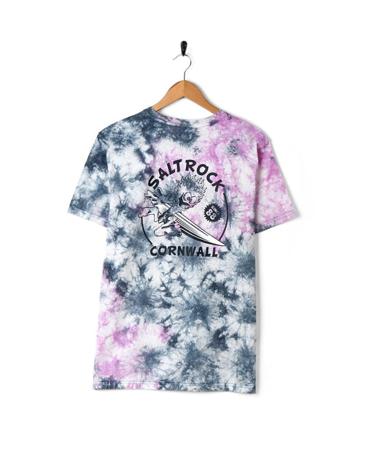 Wave Rider Cornwall - Mens Tie Dye Short Sleeve T-Shirt - Pink Tie Dye with Saltrock branding, hanging on a wall-mounted hanger.