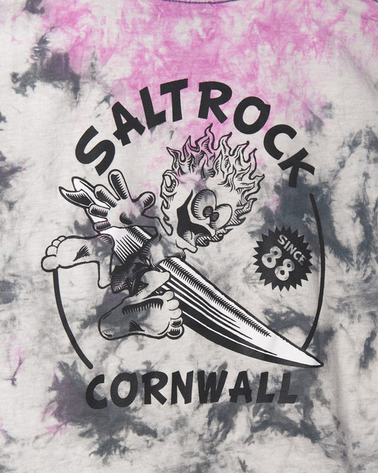 Wave Rider Cornwall - Kids Tie Dye Short Sleeve T-Shirt in Pink with Saltrock branding logo featuring a stylized surfing motif.