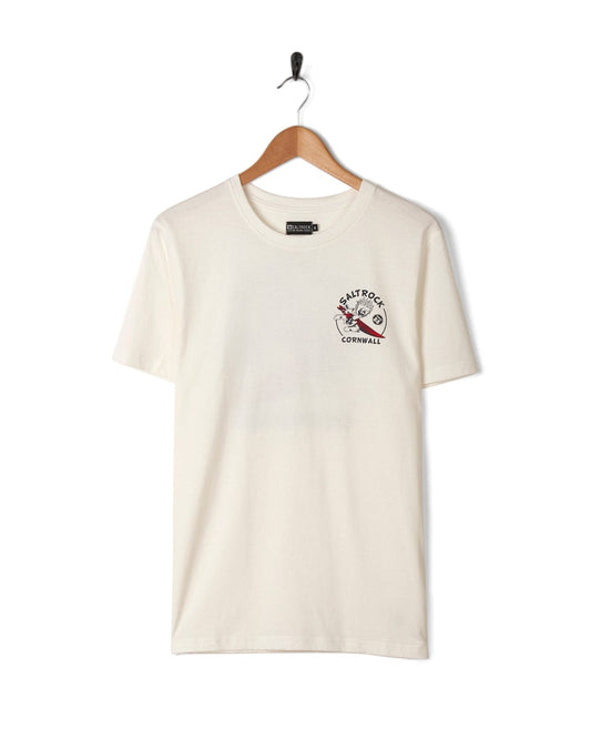 A plain white Wave Rider Cornwall - Mens Short Sleeve T-Shirt with a small red and black Saltrock logo on the chest, hanging on a wooden hanger against a white background.