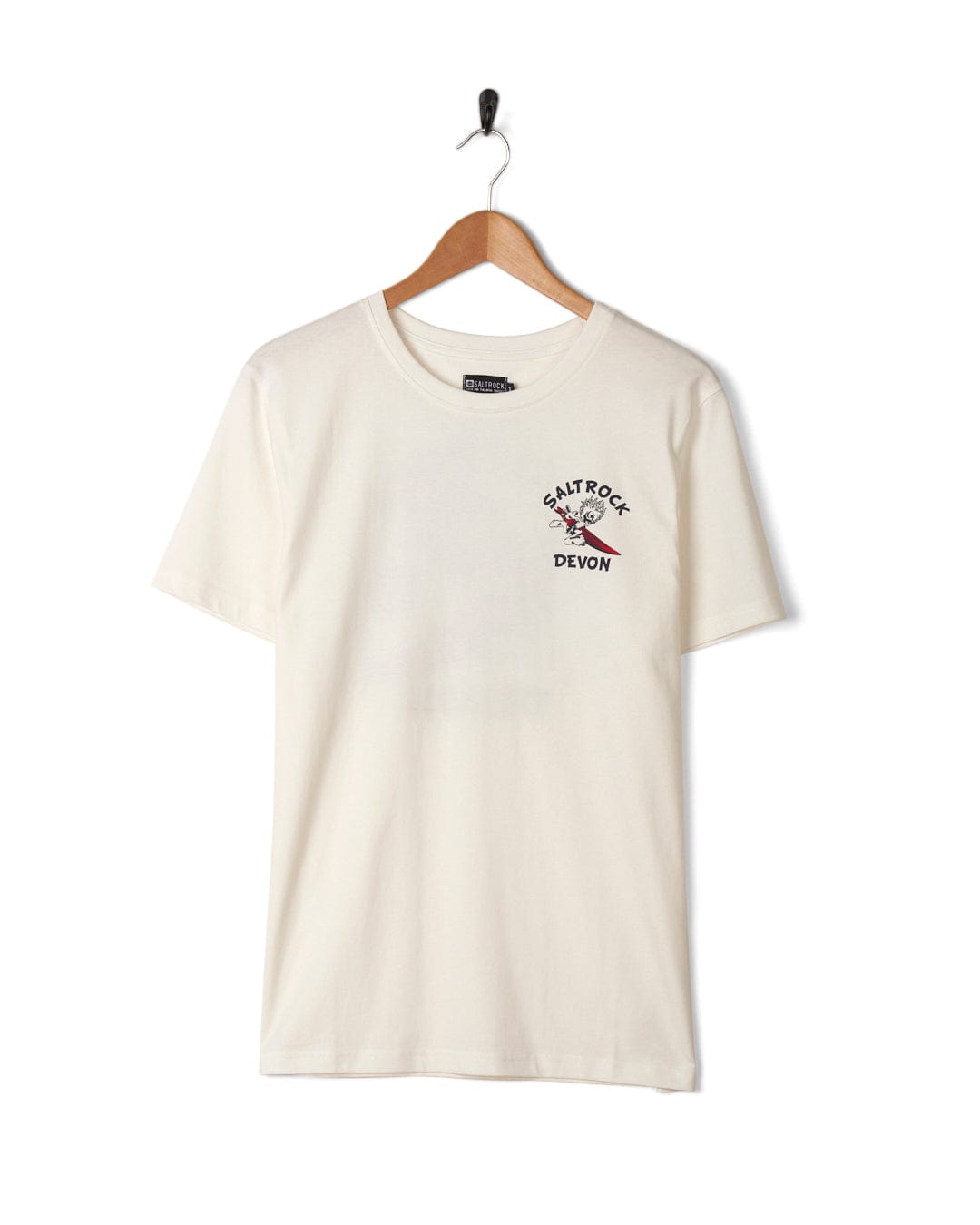 Description: A white Wave Rider Devon - Mens Short Sleeve T-Shirt - White with a Ride The Waves print image of a surfboard on it, made of 100% cotton.