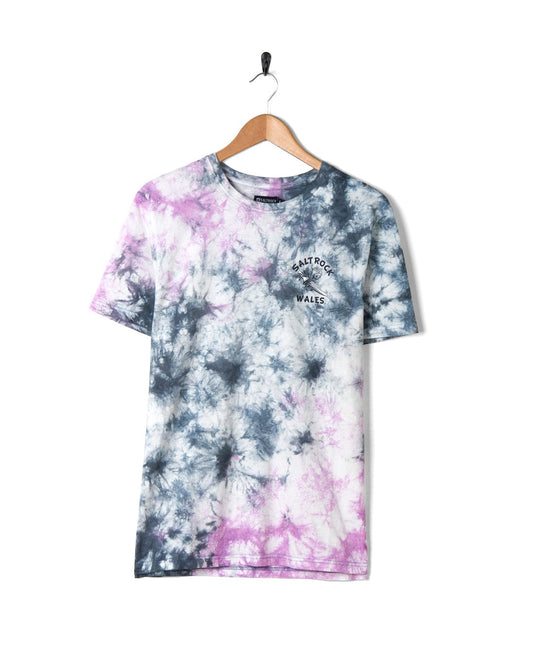 Wave Rider Wales - Mens Short Sleeve T-Shirt in Pink Tie Dye with Saltrock branding hanging on a hanger against a white background.