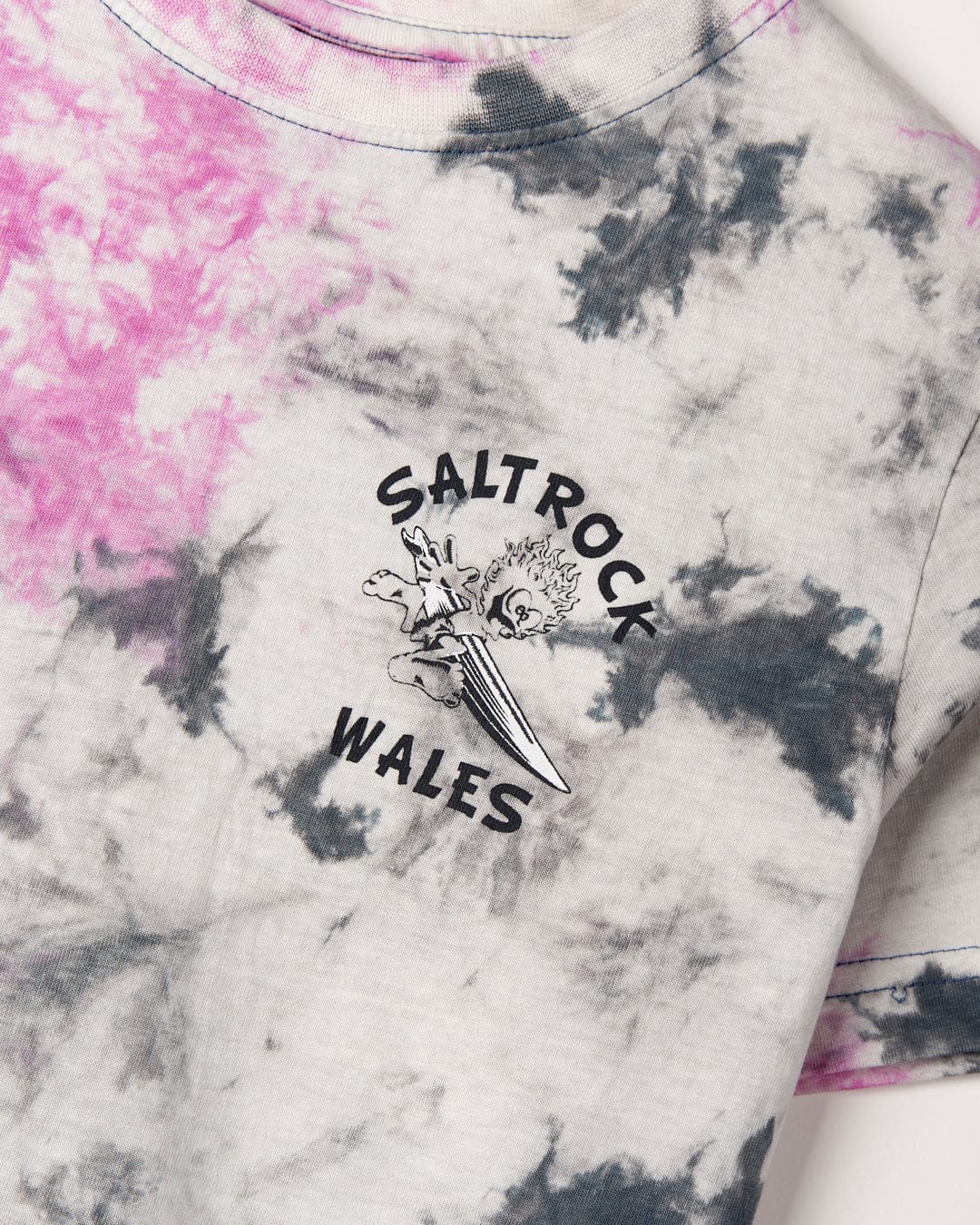 Gray and pink tie-dye print t-shirt with Saltrock branding on the chest, made of 100% Cotton.