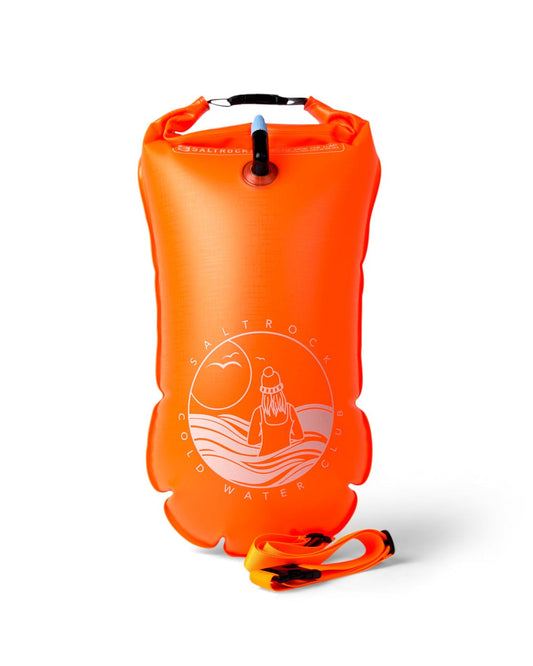 Saltrock Wild - Drybag/Inflatable Swim Tow Float - Orange with black handle and leash on a white background.