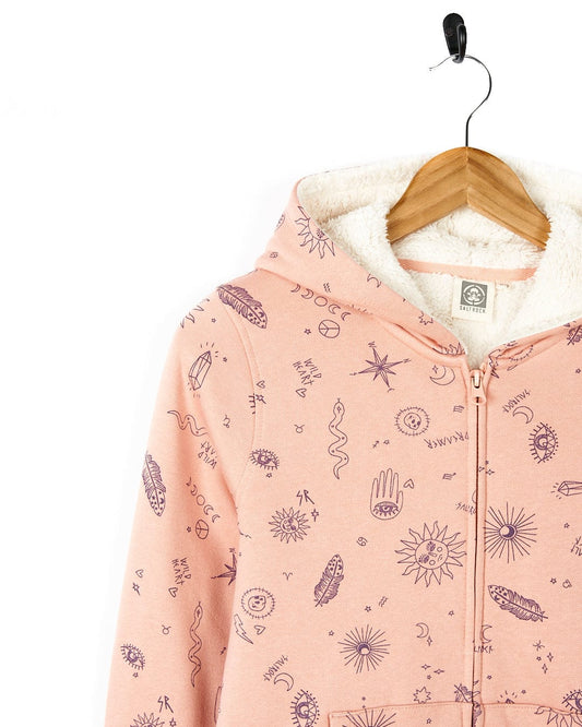 A Wild Heart - Kids Borg Lined Hoodie - Pink from Saltrock with stars and planets on it.