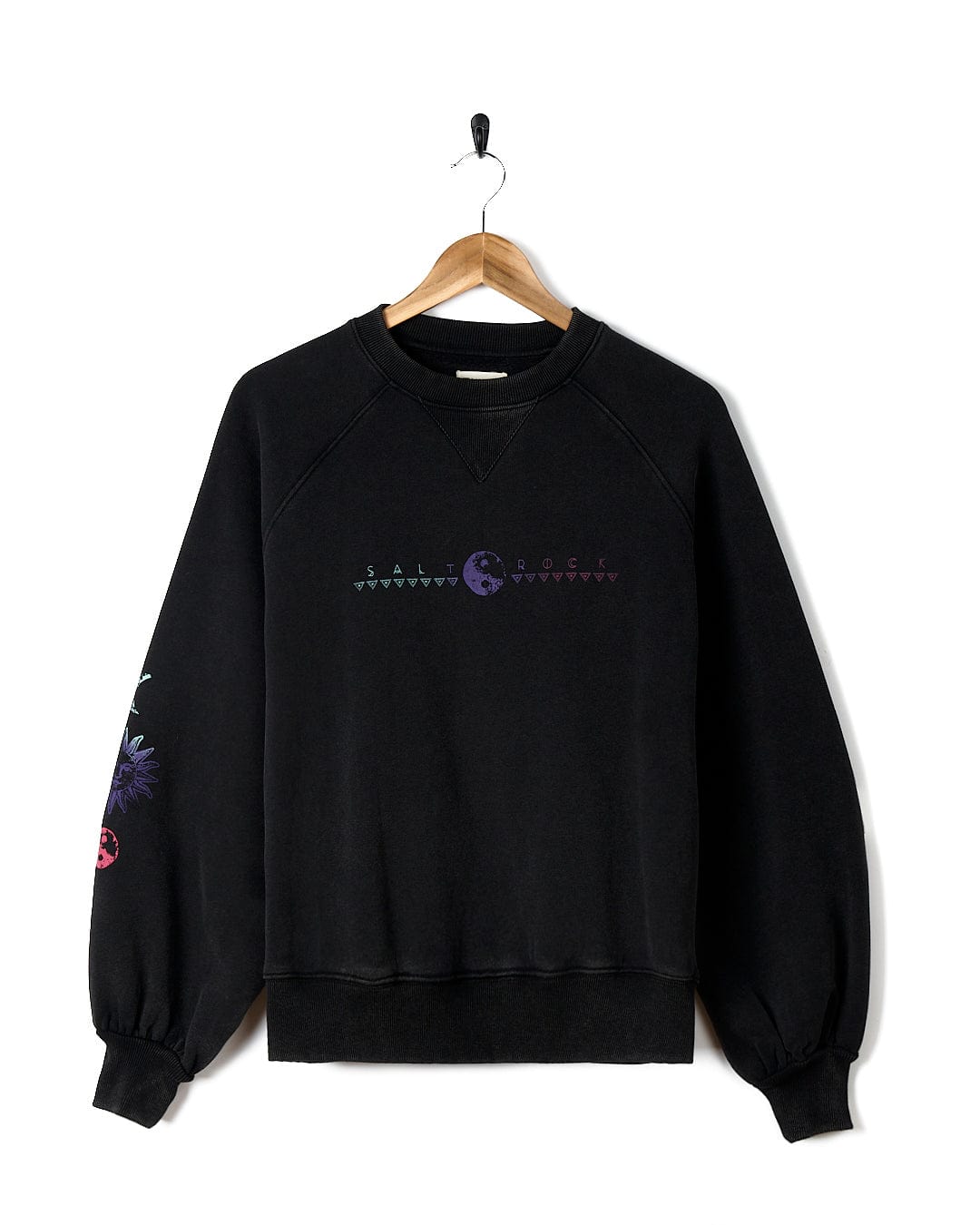 A Saltrock women's sweatshirt with an embroidered flower, perfect for the Winter Solstice Gradient - Womens Sweat - Washed Black.