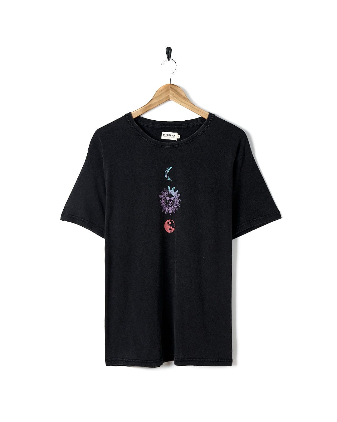 A crew neck Winter Solstice Gradient - Womens Short Sleeve T-Shirt - Washed Black made of 100% cotton, with a colorful flower on it from Saltrock.