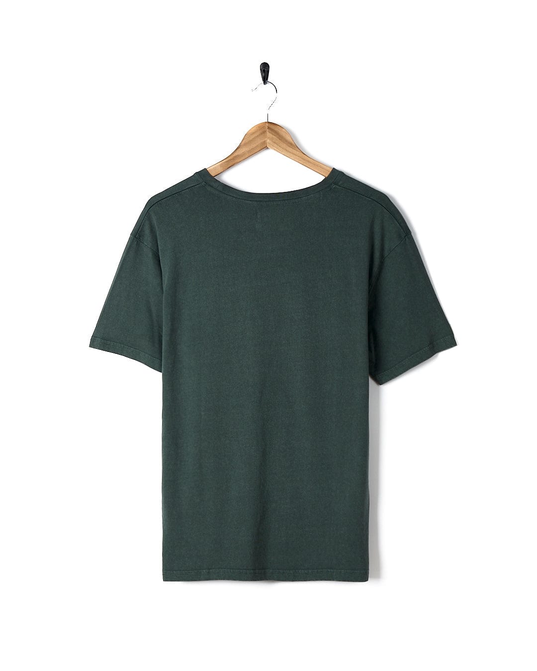 A Winter Solstice - Womens Short Sleeve T-Shirt - Dark Green from Saltrock with a purple graphic hanging on a wooden hanger.