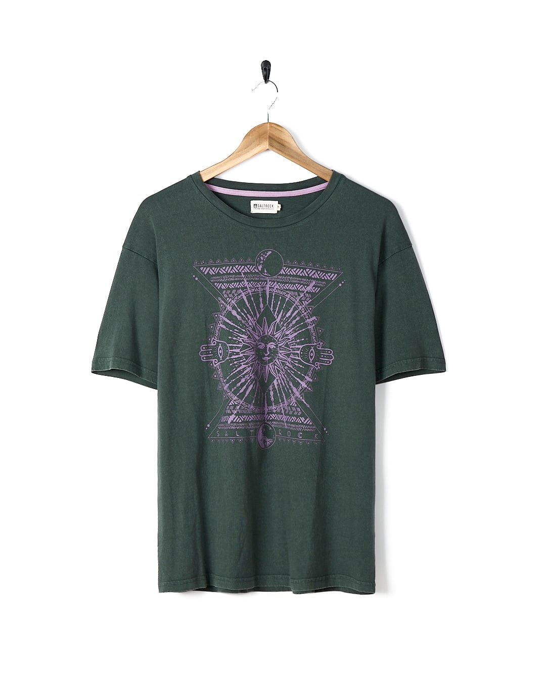 A 100% cotton Winter Solstice - Womens Short Sleeve T-Shirt - Dark Green with a purple graphic design by Saltrock.