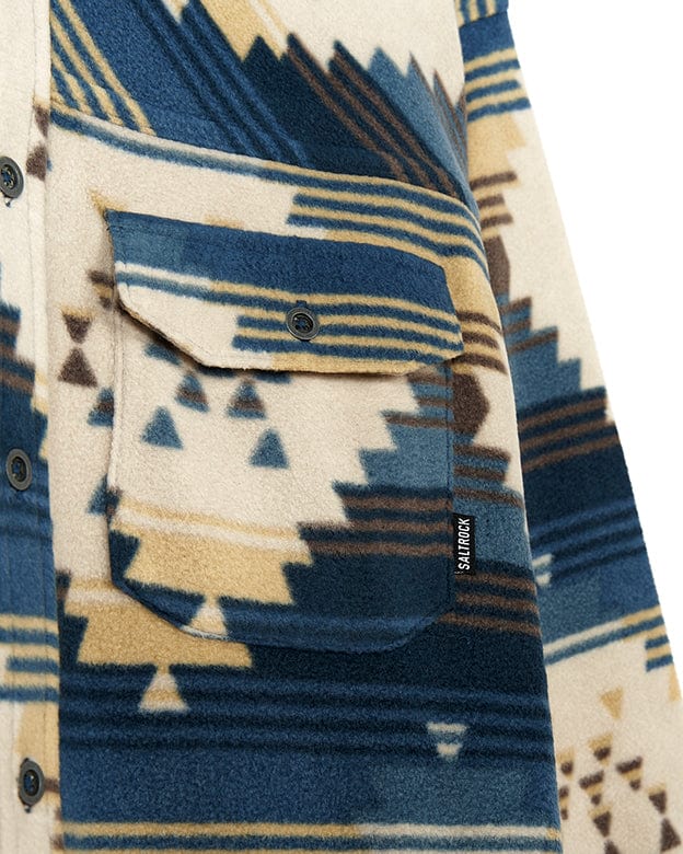 The Wolfe - Mens Aztec Fleece Shirt - Blue by Saltrock has a blue, brown, and yellow pattern.