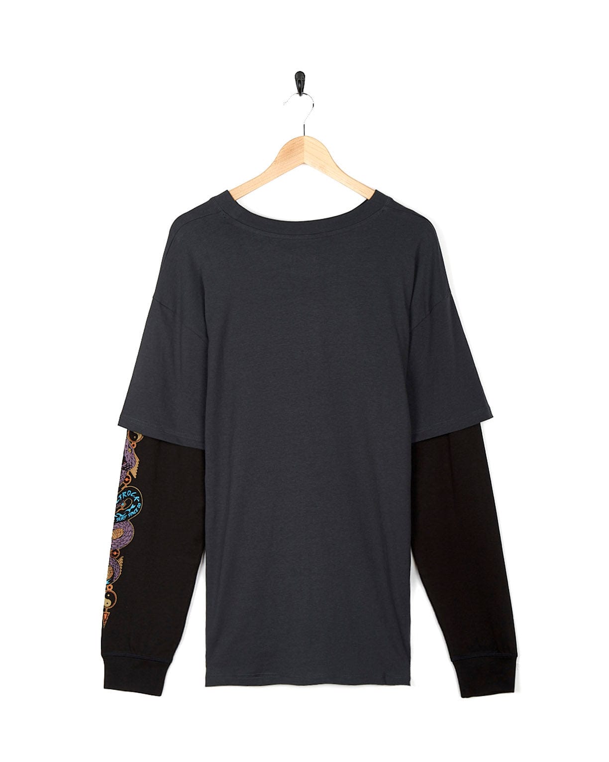 A Wolfscale - Mens Double Layer Long Sleeve T-Shirt - Black with a colorful sleeve. (Brand: Saltrock)