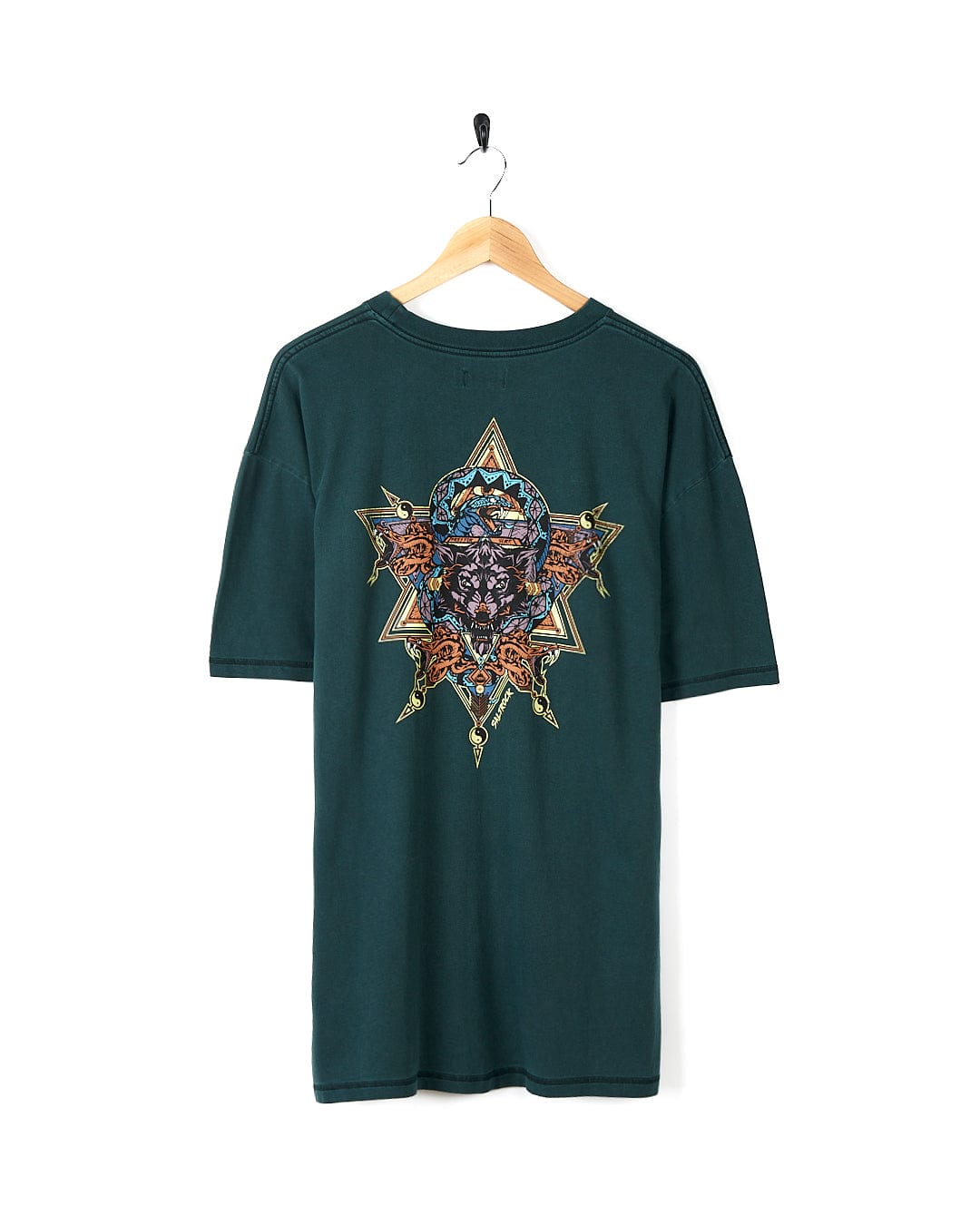 A Saltrock Wolfscale - Mens Short Sleeve T-Shirt - Dark Green with a skull and crossbones design.