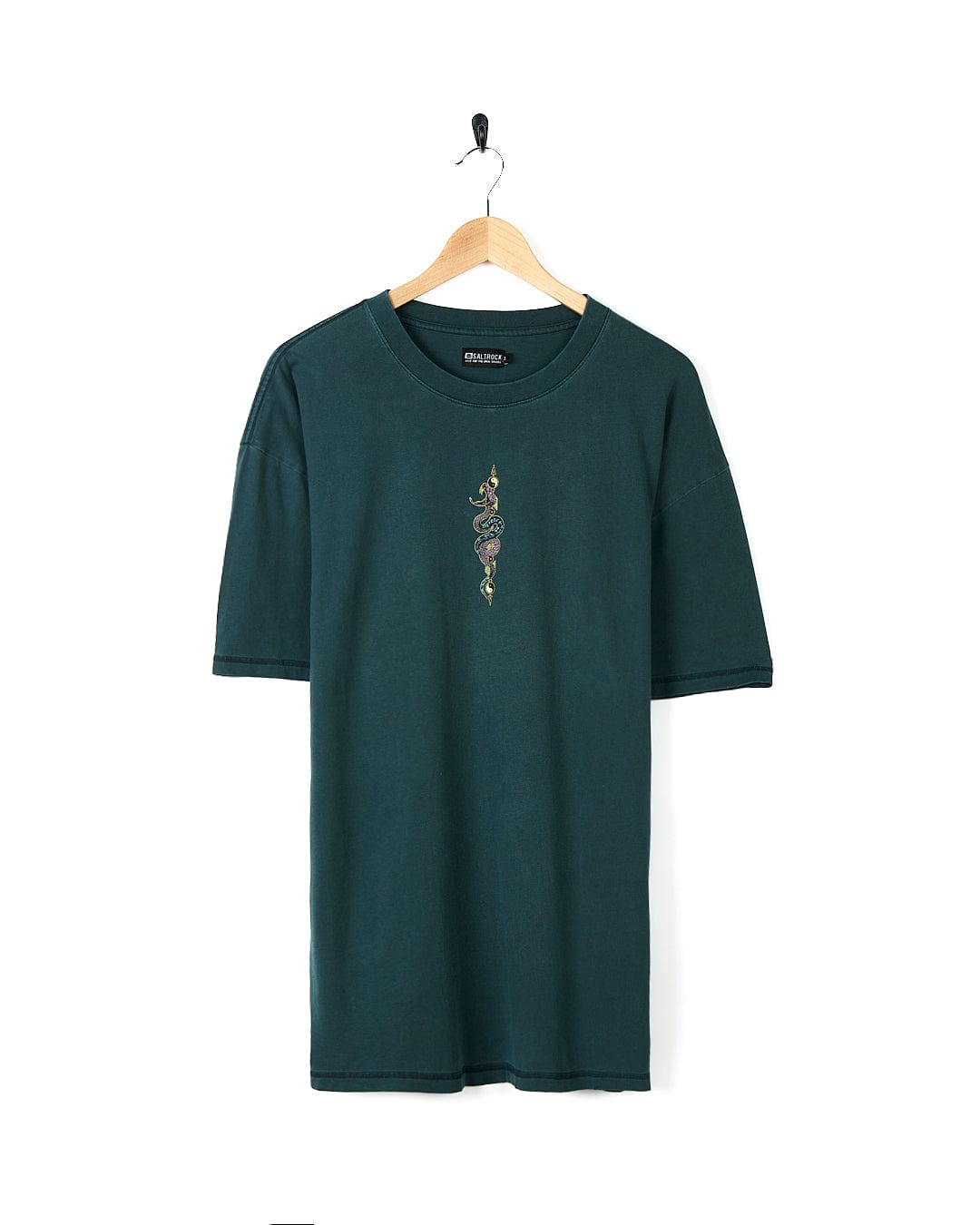 A Saltrock Wolfscale - Mens Short Sleeve T-Shirt - Dark Green with an embroidered flower on it.