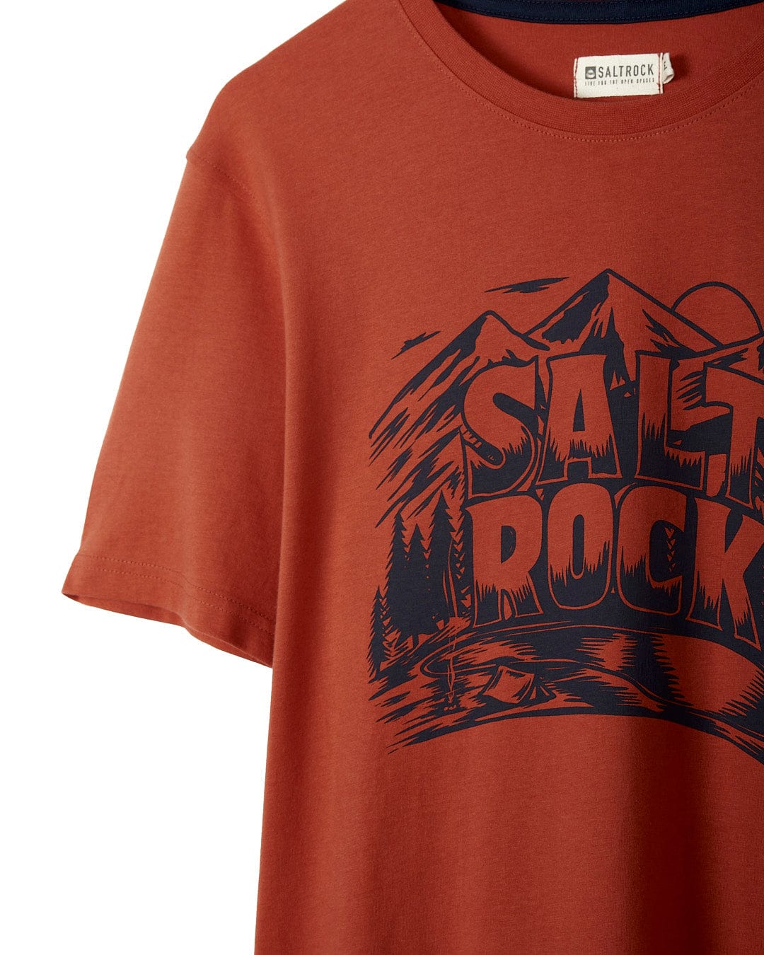 A stylish Wood Carve Logo - Mens Short Sleeve T-Shirt - Red from Saltrock with the words salt rock on it.