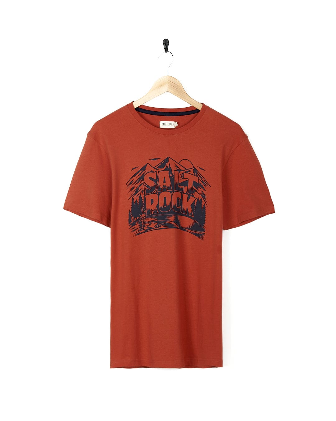 A stylish Saltrock Wood Carve Logo - Mens Short Sleeve T-Shirt in Red with an image of mountains.