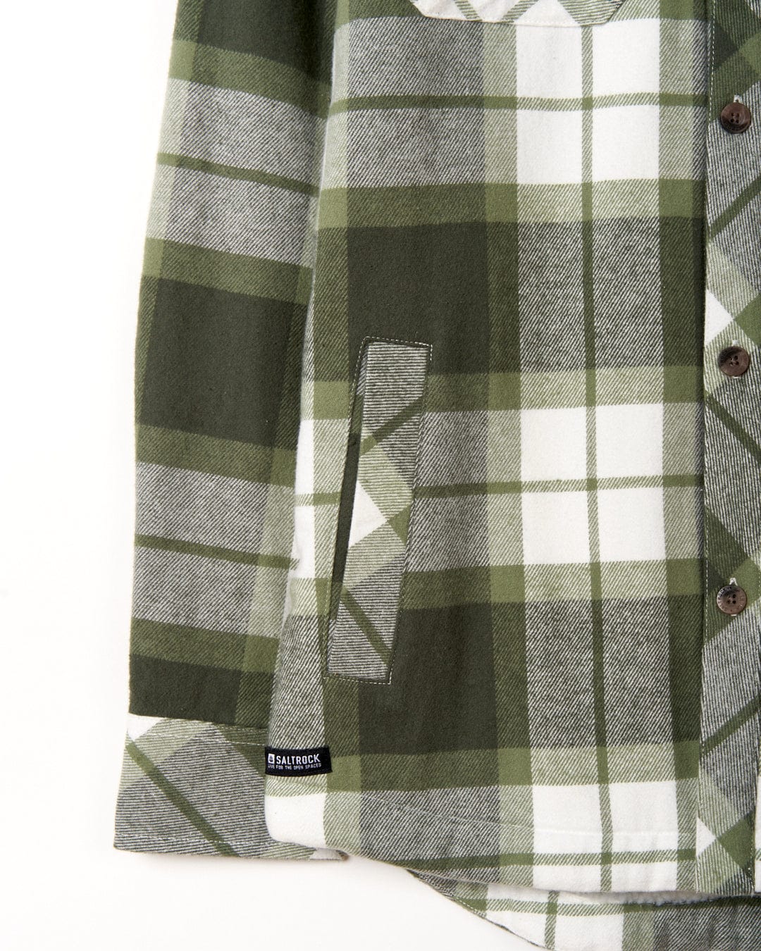 A Saltrock Woody - Mens Borg Lined Shacket - Green Check with a check print on a white background.