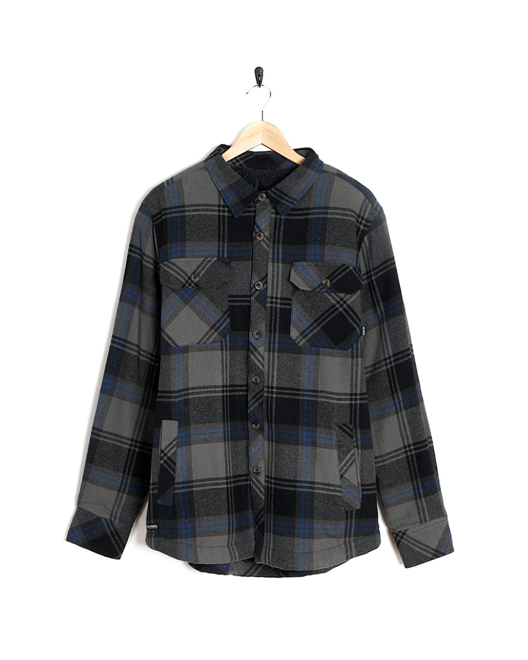 A Woody - Mens Sherpa Lined Shacket - Grey from Saltrock with versatile styling options hanging on a hanger.