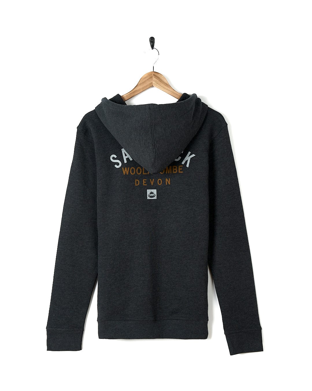 A Saltrock Location Zip Hoodie - Woolacombe - Dark Grey with the word sakura on it.