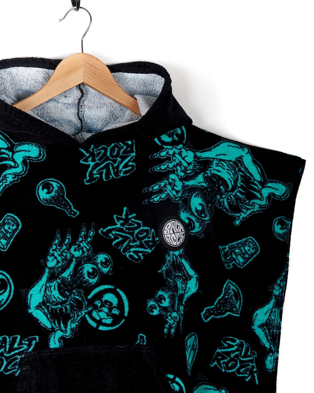 A Saltrock Wave Creeper - Kids Changing Towel - Black hoodie with skulls on it.