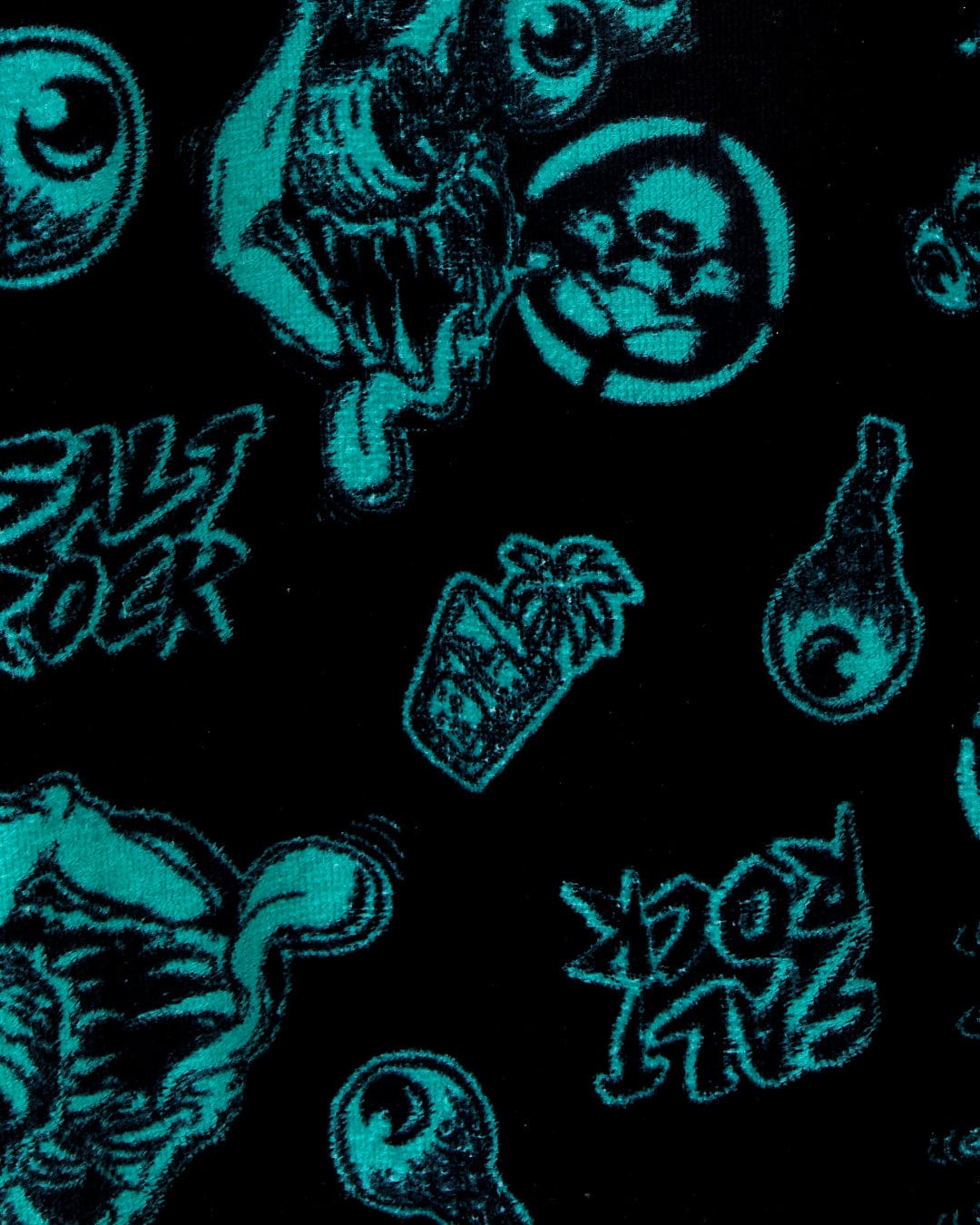 A Saltrock Wave Creeper - Kids Changing Towel - Black with a lot of different designs on it.