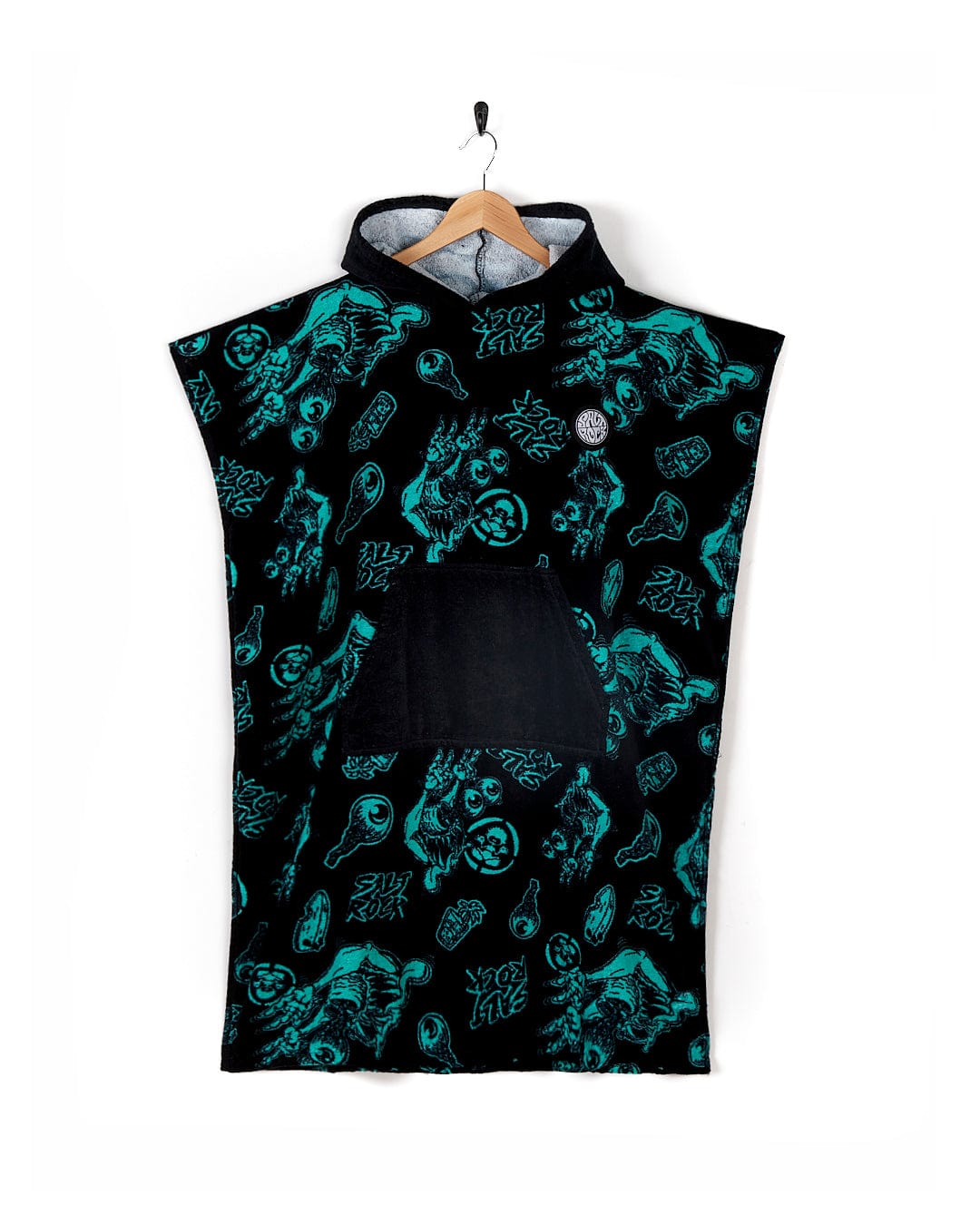 A Saltrock black and turquoise hooded sweatshirt, the Wave Creeper - Kids Changing Towel, hanging on a hanger.
