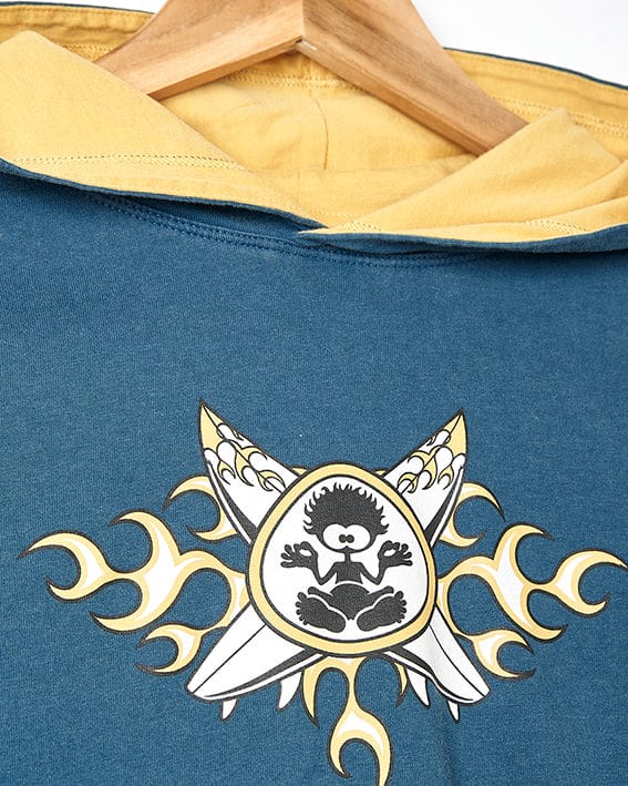 A Saltrock X Boards - Kids Hooded Tee - Blue/Purple with a skull and crossbones design.