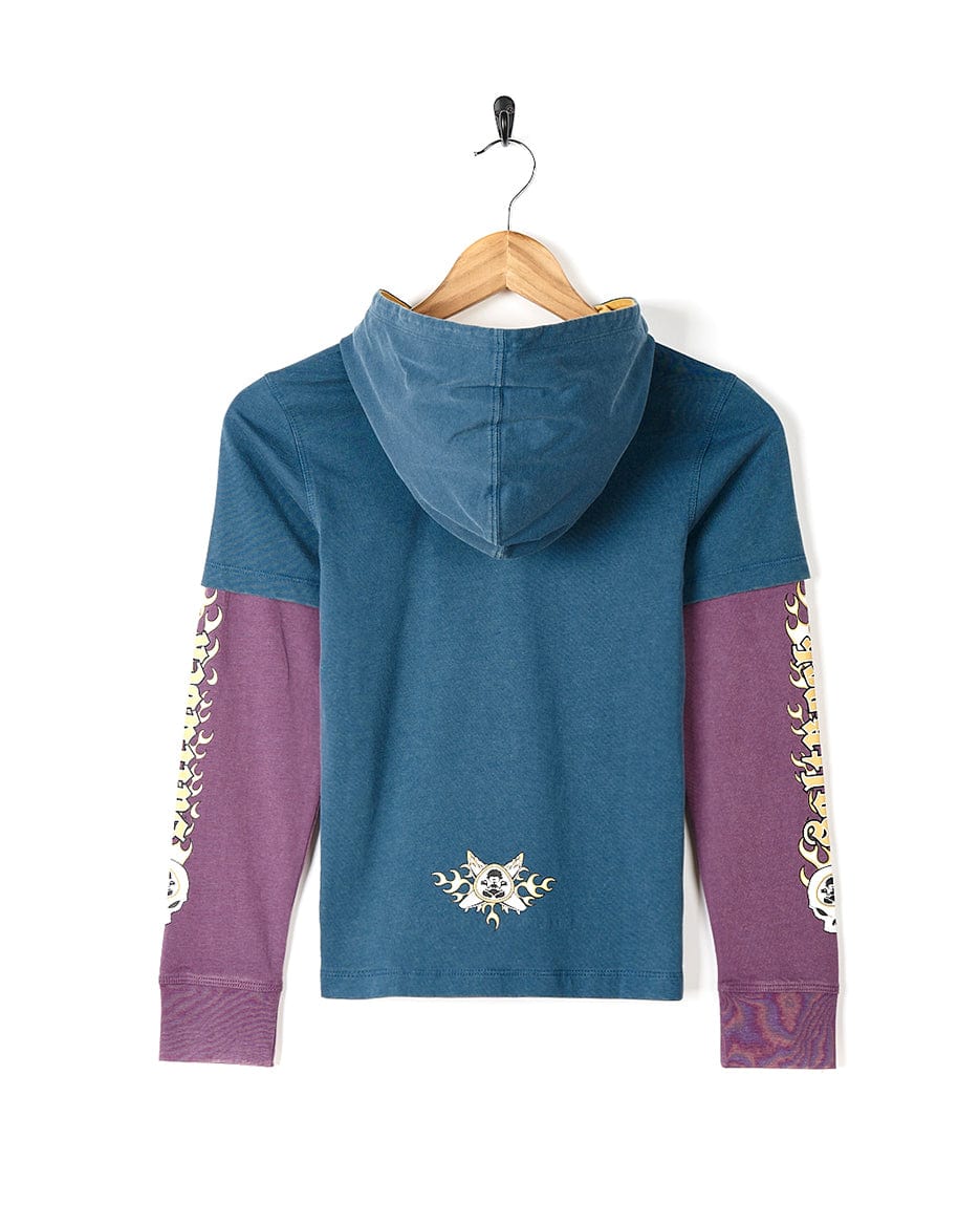 A Saltrock X Boards - Kids Hooded Tee - Blue/Purple hanging on a hanger.