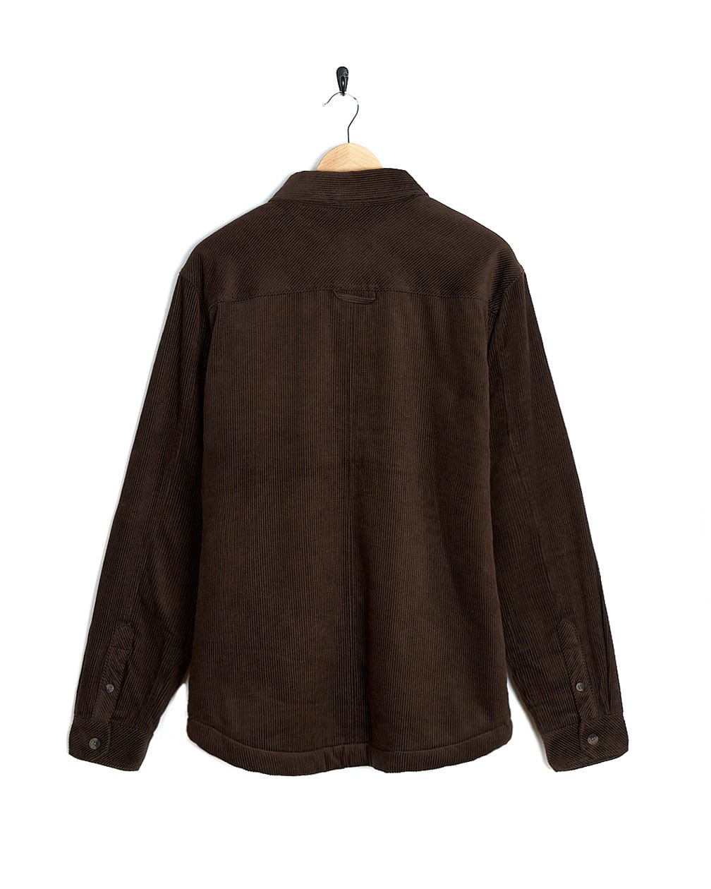 A stylish Saltrock Zeke - Mens Cord Borg Lined Shacket - Dark Brown hanging on a hanger.