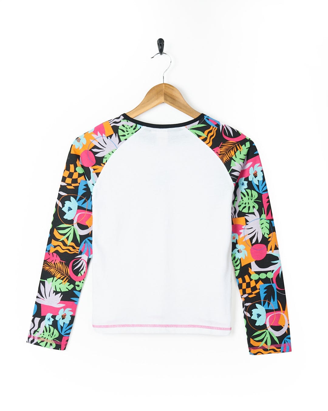 A Saltrock Zephyr Tok - Kids Raglan Long Sleeve T-Shirt - White with colorful tropical print.