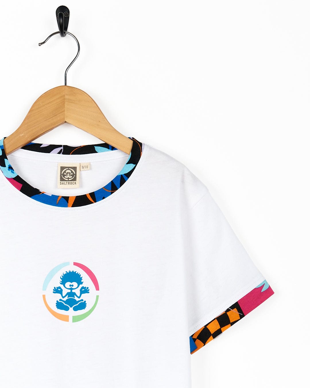A Saltrock Zephyr Tok - Kids Ringer Tee - White featuring a vibrant design.