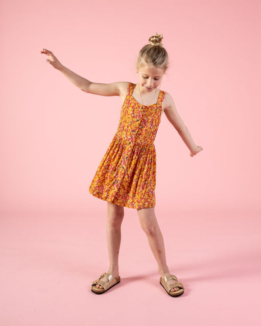 Emmy - Kids Strappy Floral Dress - Coral