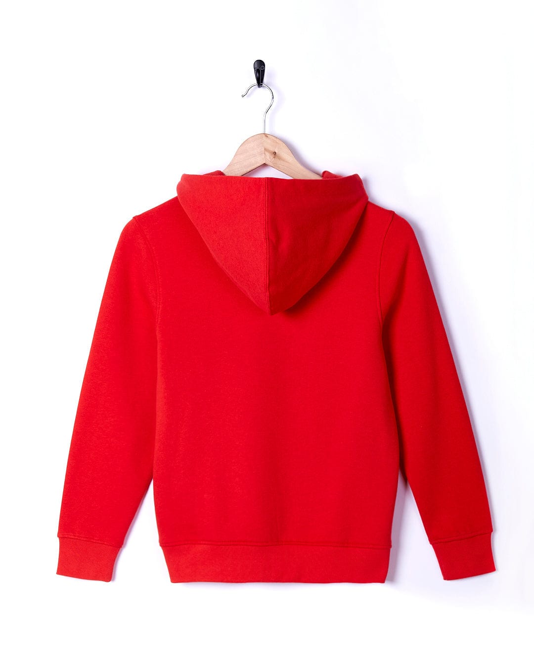 A Saltrock Beach Patrol - Kids Pop Hoodie - Red hanging on a hanger.